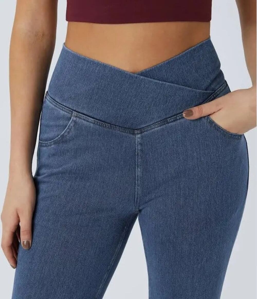 NWT-L-Halara High Waisted Crossover Knit Denim Flare Jeans Blue